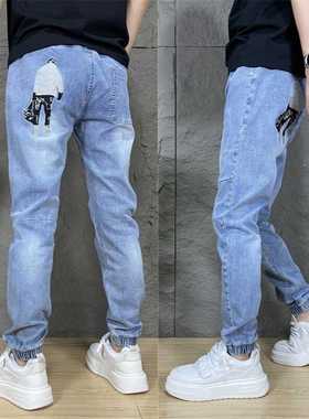 美式潮牌高街蓝色牛仔裤男2024秋季新款休闲宽松港风直筒阔腿裤潮