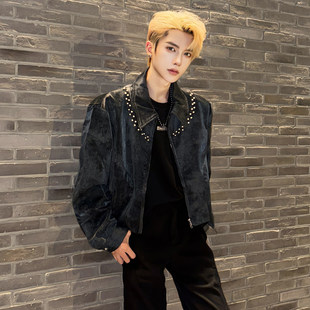 黑色新短款麂皮绒翻领夹克男款春秋高级感绒面铆钉外套美式棒球服