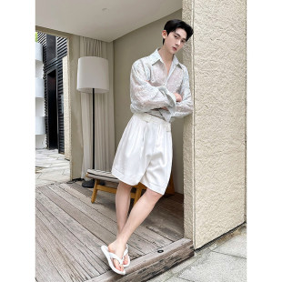 夏季韩版气质百搭男生休闲中裤西装裤子潮流系扣设计款七分短裤男