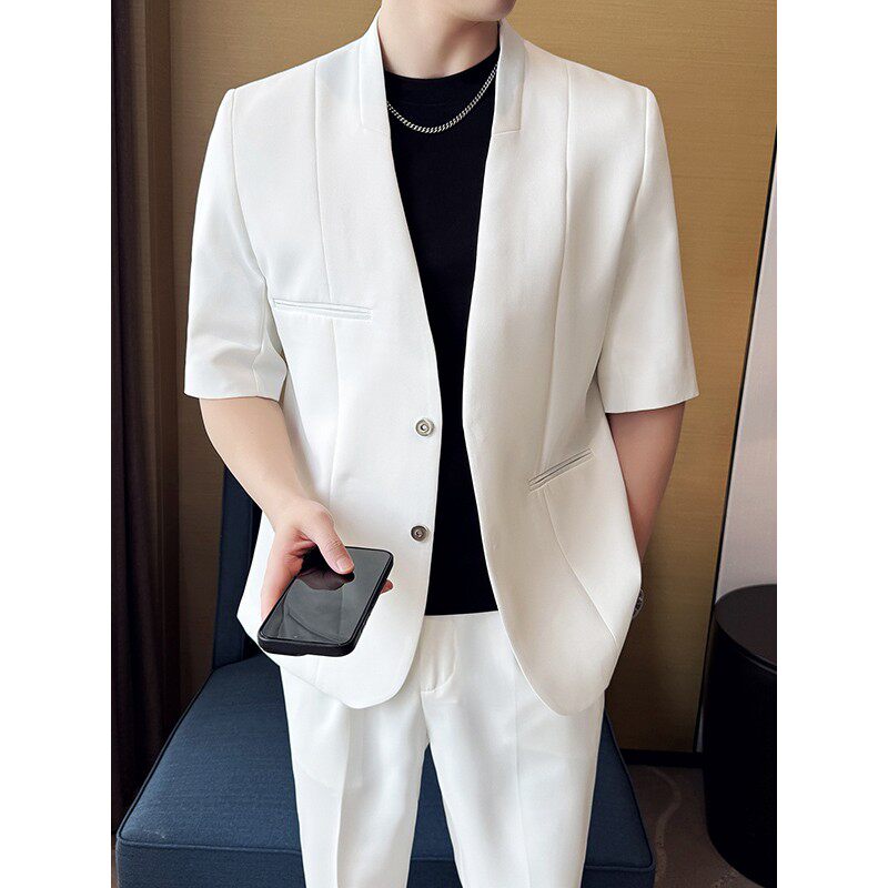 休闲风七分袖薄款宽松西服男装无领短袖套装夏季松弛感宽松版型帅