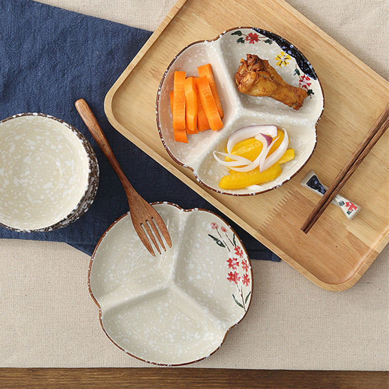 日式陶瓷三格盘创意分格盘分隔拼盘家用圆形餐具饭盘坚果盘子菜碟