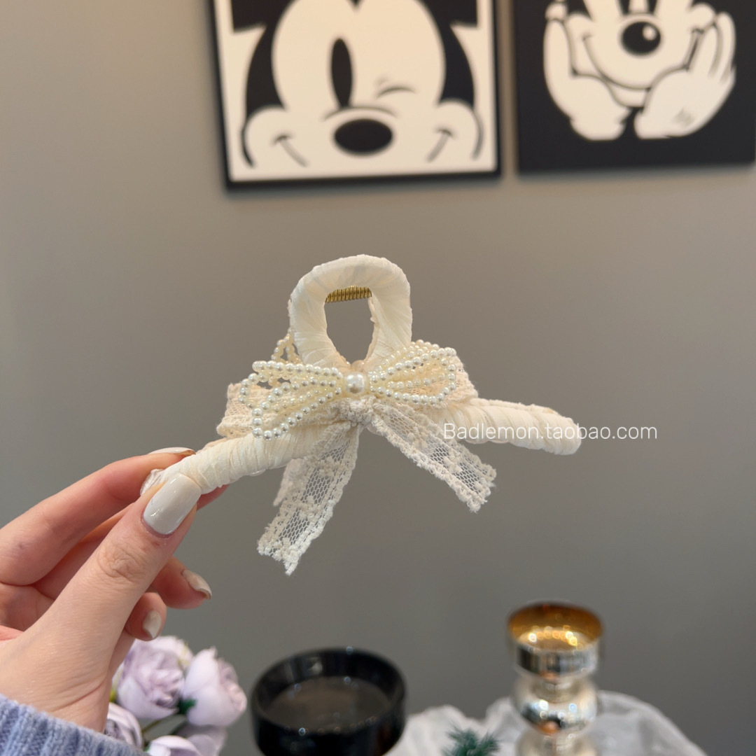 甜美珠珠蝴蝶结抓夹少女气质缠绕丝带鲨鱼夹高级感后脑勺盘发抓夹