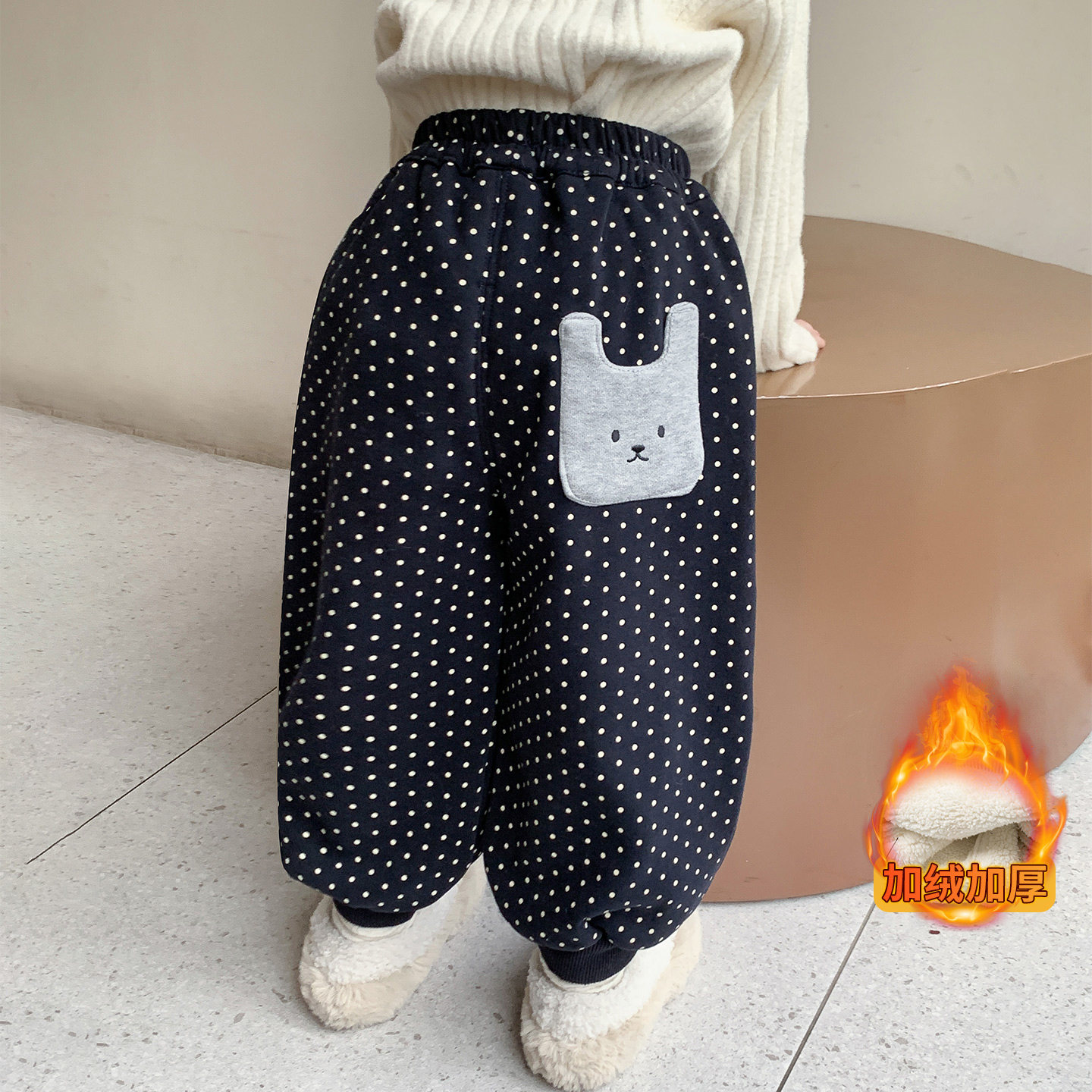 女童冬款加绒波点休闲裤秋冬加厚小熊贴布束脚裤儿童长裤百搭时尚