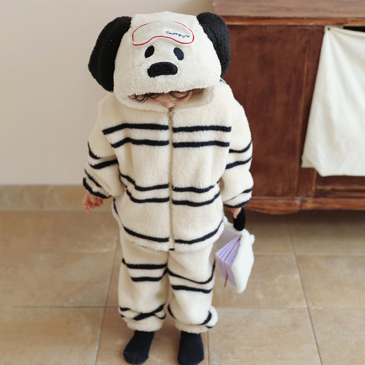 女童秋冬加厚新款条纹小狗两件套