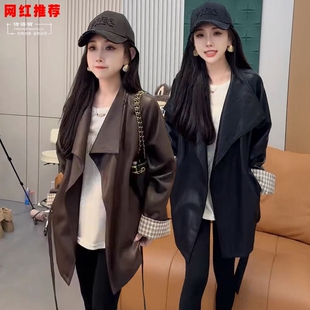 水洗皮外套女装 时尚 大气宽松显瘦百搭仿真皮风衣 韩版 网红秋冬新款