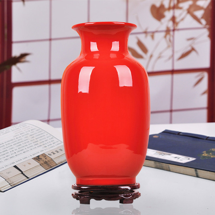 景德镇陶瓷器 中国红仿古颜色釉花瓶冬瓜瓶 现代时尚家居新房摆件