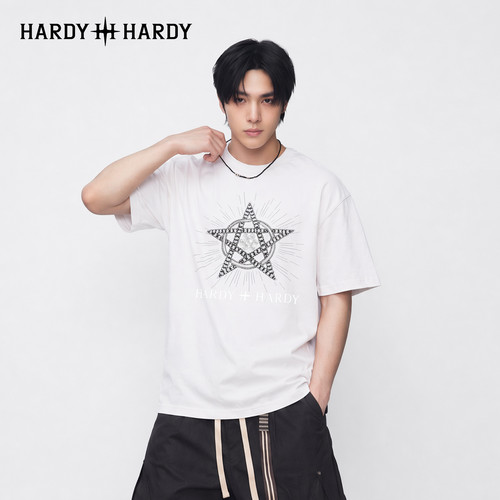 HARDY HARD潮牌重磅纯棉五角星芒T恤闪粉刻字膜立体印花复古图腾