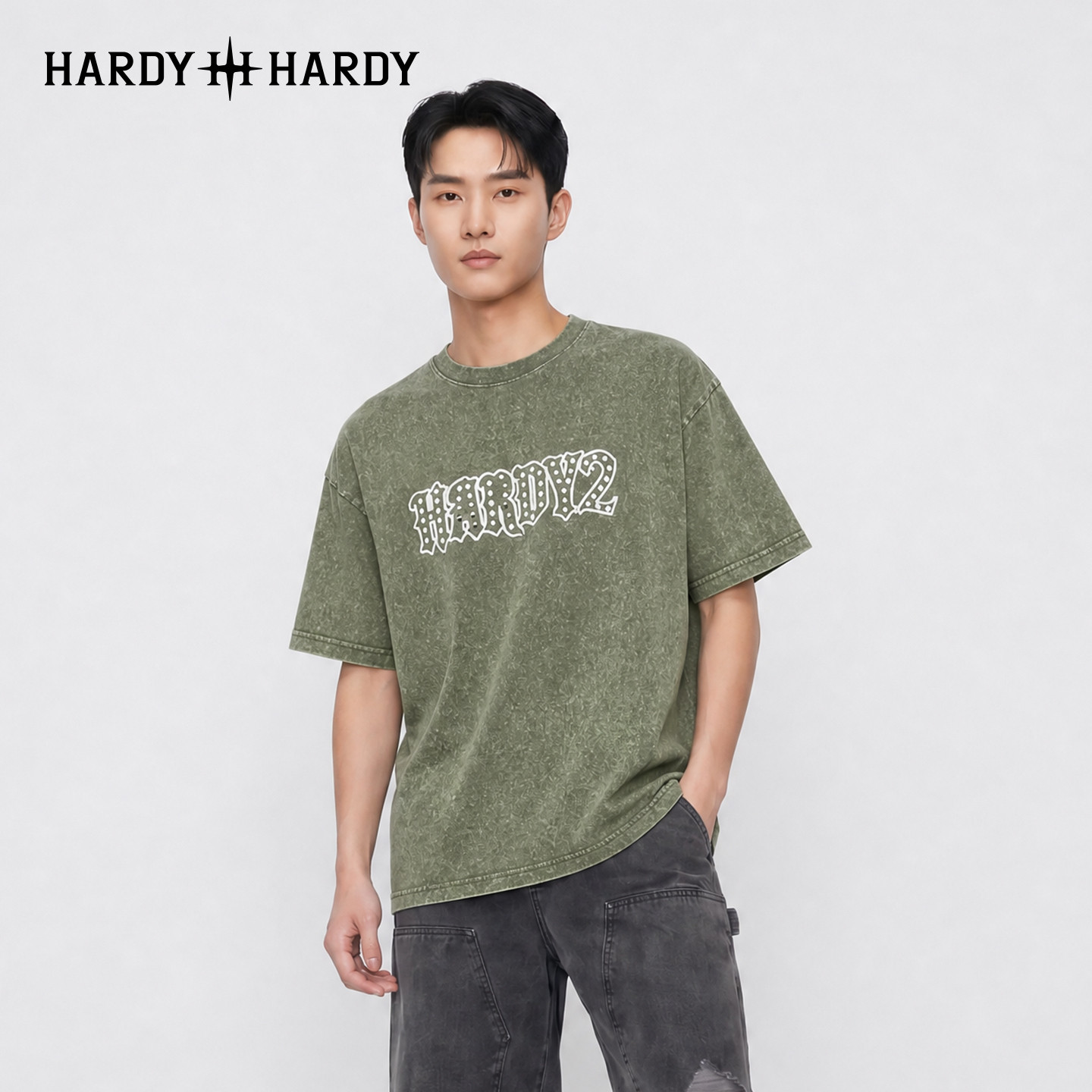HARDY HARDY潮牌夏季重工烫印短袖T恤复古做旧男女同款百搭打底衫 - 实物图