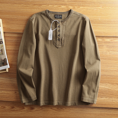 美式复古重工纯棉水洗亨利衫