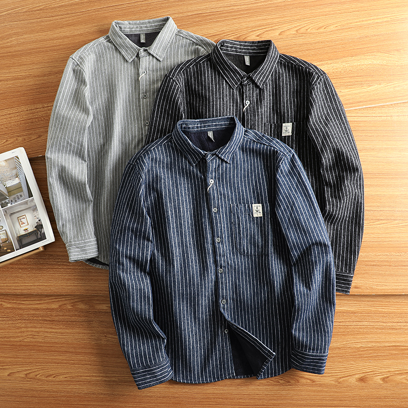 美式保暖衬衫男纯棉加厚寸衫免烫新款休闲复古竖条纹加绒长袖衬衣