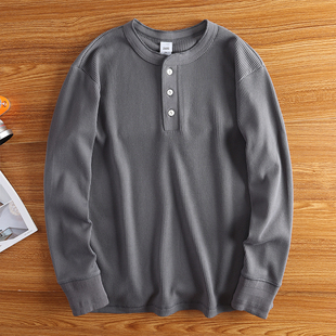 潮流休闲亨利领打底衫 美式 透气华夫格新款 t恤男宽松秋季 复古长袖