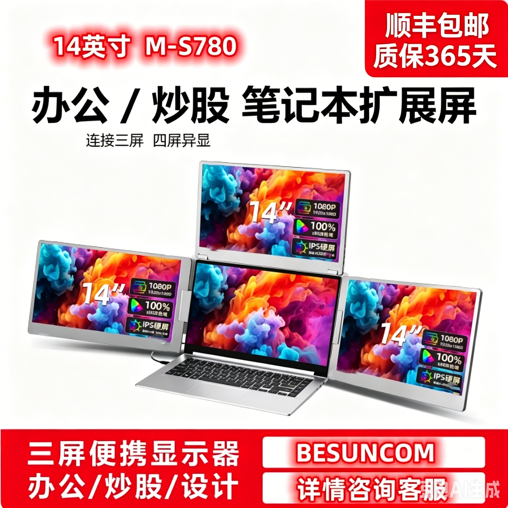 笔记本扩展屏幕便携式显示器电脑分屏三屏副屏折叠拓展多BESUNCOM