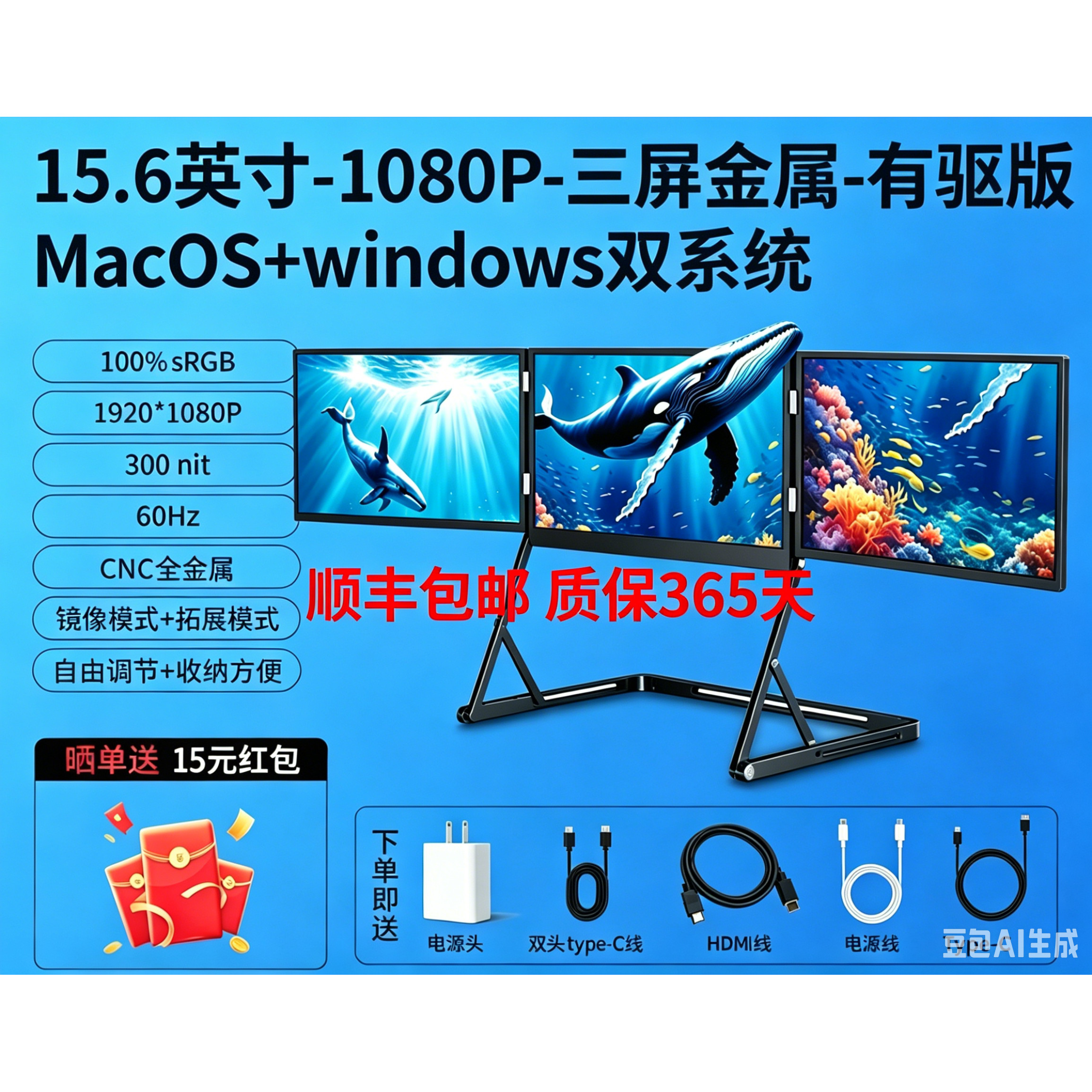 笔记本扩展屏幕便携式显示器电脑分屏三屏折叠拓展四屏多15.6英寸
