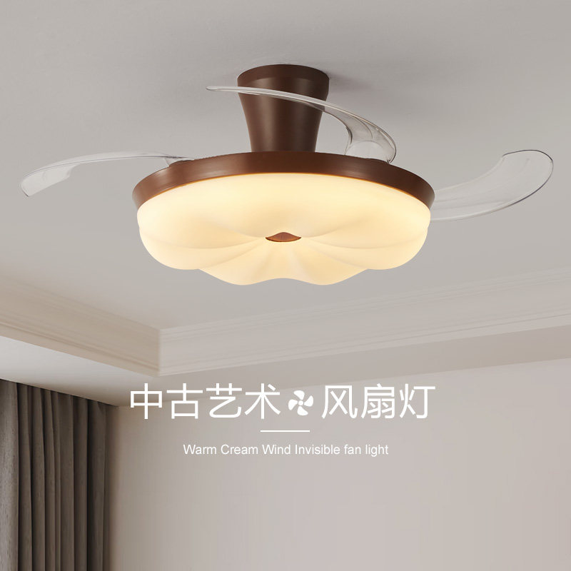 隐形风扇灯中古风餐厅吊扇灯新款复古咖啡色新中式超薄卧室电扇灯