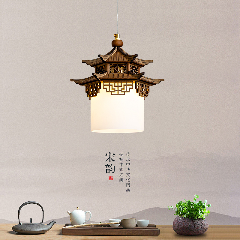宋代美学吊灯新中式禅意茶室餐厅复式楼梯仿古建筑凉亭实木玄关灯