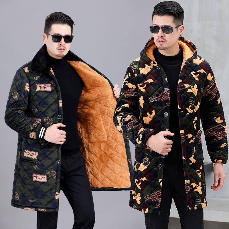 Autumn/winter hooded cotton jacket, fleece-lined thickened adult apron, long-sleeve fur collar workwear, men's camouflage plus size