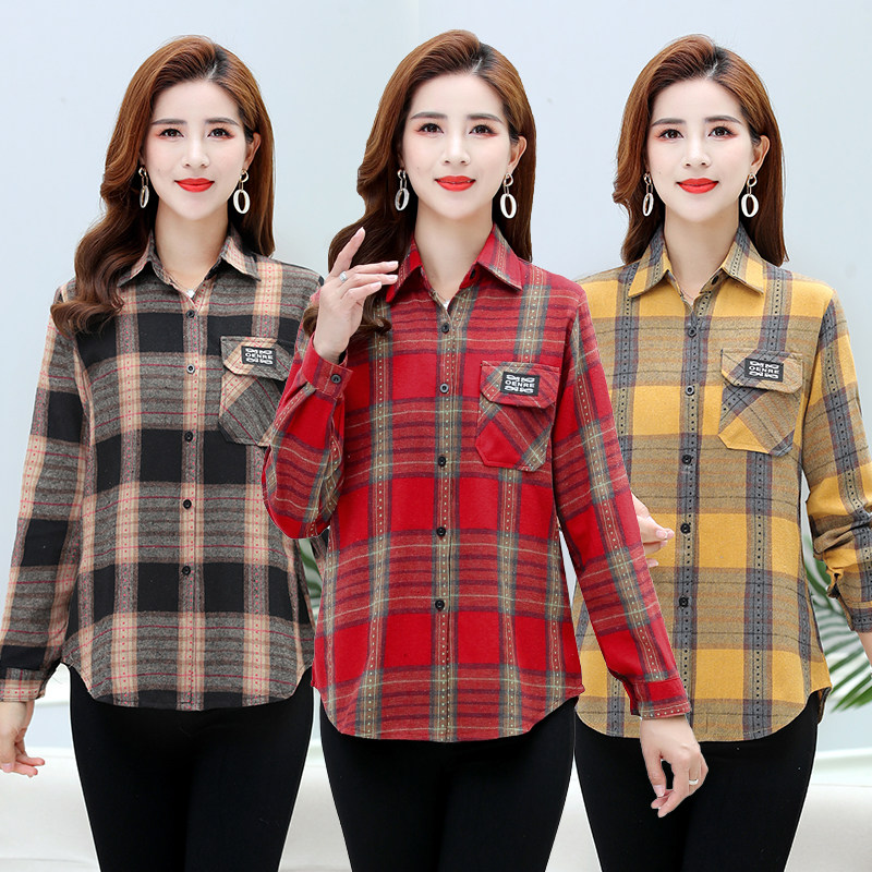 新款格子衬衣女薄款宽松长袖妈妈装经典棉质格子中年百搭衬衫外套