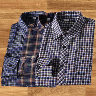 男士商务棉质衬衫春秋款爸爸衬衣男长袖工装宽松免烫格子寸衫男款