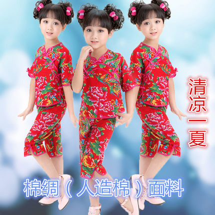 儿童棉绸夏装套装女童东北大花布人造棉短袖马裤服装外出穿