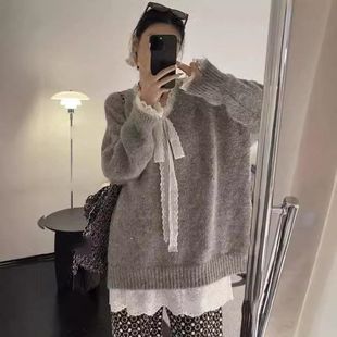 女韩版 风 慵懒套头毛衣设计感糯秋冬蕾丝U软宽松SHYUN飘带针织衫