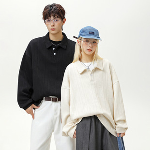 重磅肌理提花翻领卫衣男女情侣秋季宽松复古老钱风长袖polo