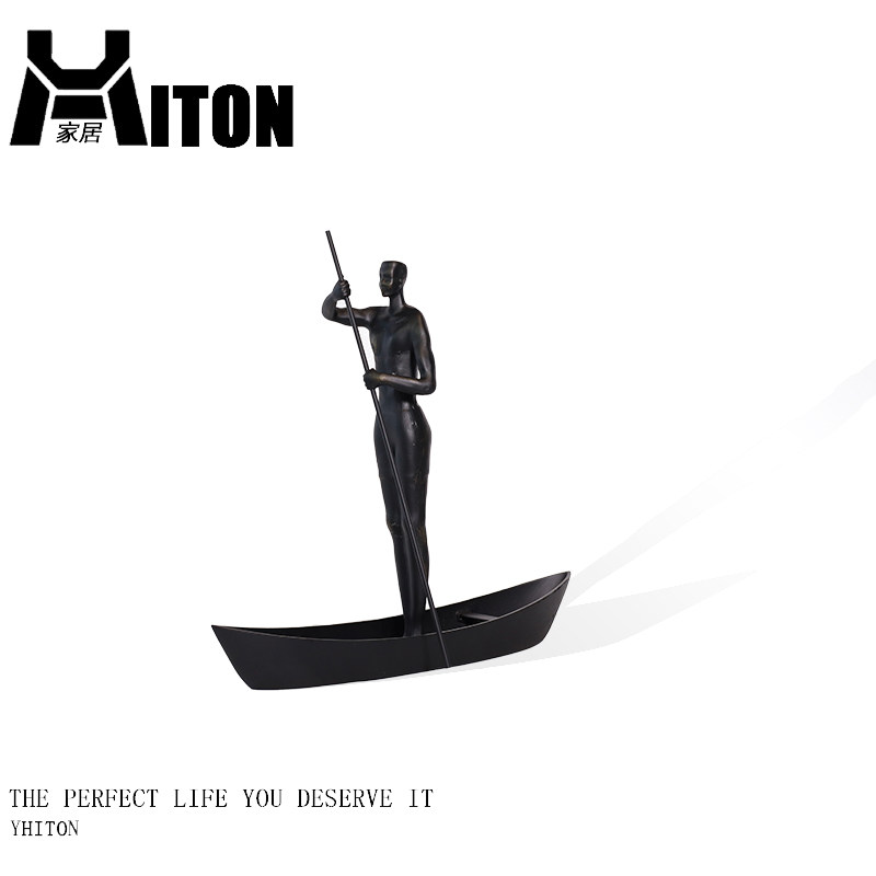 抽象人物铁艺雕塑划船摆件样板房售楼部客厅家居黑色铸铁金属饰品