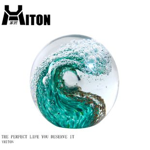 现代创意海浪玻璃球摆件样板房酒店大堂客厅玄关茶几软装饰品摆设