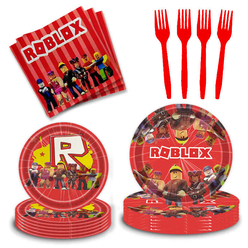 红色Roblox虚拟世界沙盒游戏积木主题纸盘纸杯纸巾桌布背景布餐具
