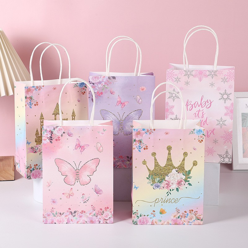 ins韩版礼品袋蝴蝶印花纸袋花皇冠城堡梦幻包装袋跨境供应手提袋