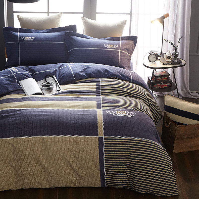 纯棉磨毛单人三件套加厚家纺欧式被套男生简约条格双人全棉四件套
