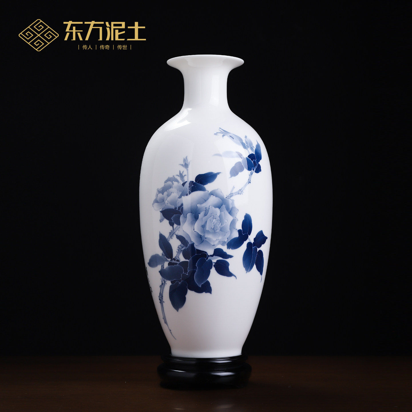 东方泥土釉下彩陶瓷手绘青花瓷月季花瓶客厅摆件开业乔迁礼可定制