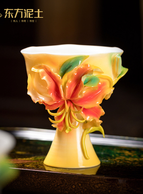 非遗手工陶瓷花百合高脚水杯