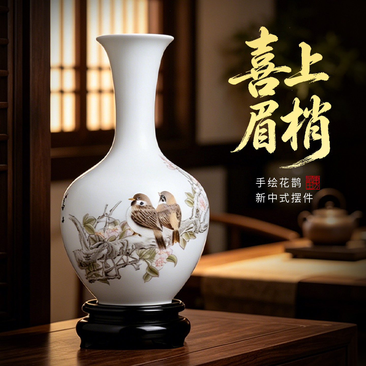 东方泥土张丽娇《喜上眉梢》手绘陶瓷花瓶摆件客厅装饰收藏送礼