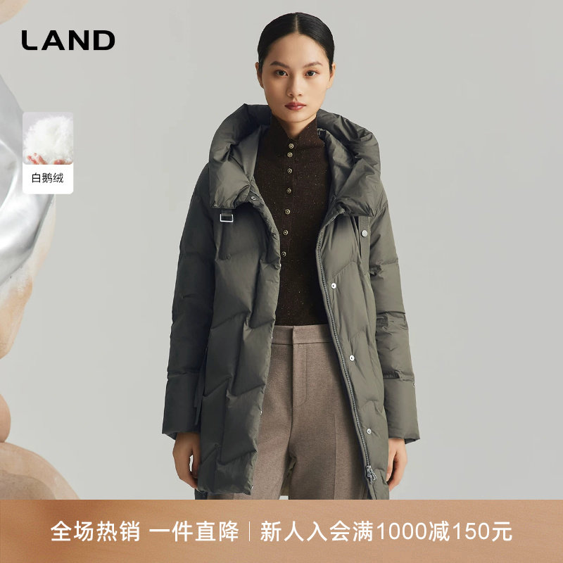 LANDI蓝地墨绿色廓形通勤白鹅绒立领连帽羽绒服女中长款冬新品