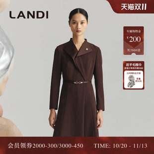 LANDI蓝地深咖色法式设计感翻领收腰优雅职业西装连衣裙女冬新品