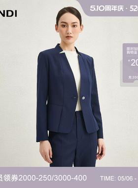 [商场同款]LANDI蓝地藏蓝色无领设计感羊毛收腰西装外套女秋新品