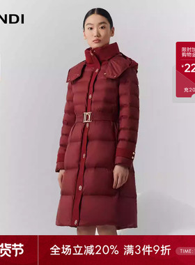 LANDI蓝地红色气质立领连帽高级感收腰鹅绒羽绒服女中长款冬新品