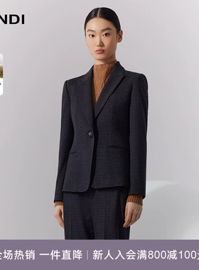 LANDI蓝地藏蓝色戗驳领暗纹绵羊毛收腰一粒扣西服外套女冬新品