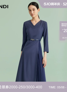 LANDI蓝地藏蓝色法式V领绵羊毛叠褶设计感通勤收腰连衣裙女春新品