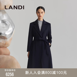 LANDI藏蓝色长款 系带100山羊绒大衣女毛呢外套冬新品 商场同款