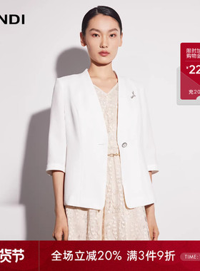 LANDI蓝地白色无领一粒扣收腰七分袖短款西装外套女上衣夏新品