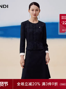 LANDI蓝地藏蓝色典雅端庄气质圆领暗纹收腰假两件连衣裙女秋新品