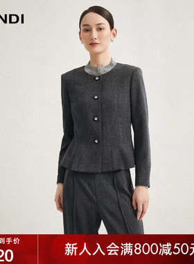 [格雷系]LANDI深灰色时尚圆领修身短款外套女西装上衣秋冬新品