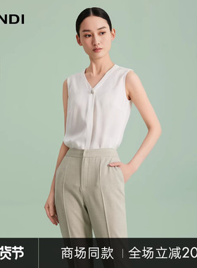 [商场同款]LANDI蓝地白色气质醋酸V领无袖衬衫内搭上衣女夏新品