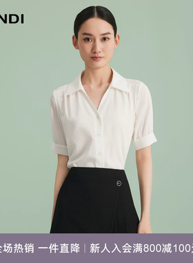 LANDI蓝地白色桑蚕丝V型翻领职业通勤气质短袖衬衫女上衣夏新品
