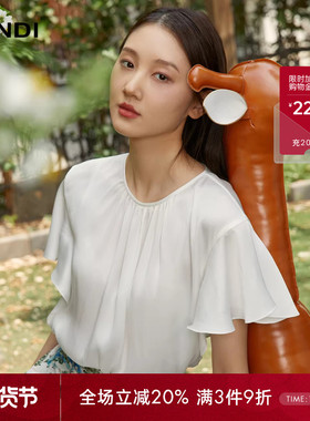 LANDI蓝地白色优雅气质圆领设计感荷叶短袖套头衬衫女小衫夏新品