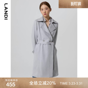 LANDI蓝地月光灰仿麂皮珠光系带中长款 廓形风衣外套女春新品