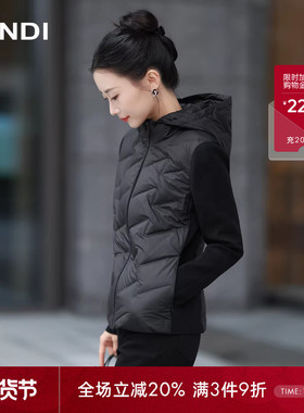 [轻量化设计]LANDI黑色设计感针织拼接连帽羽绒服短款2025冬新品