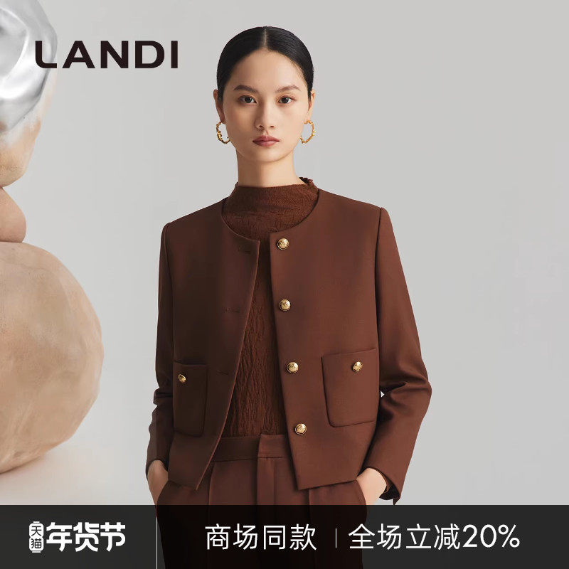[商场同款]LANDI深咖色设计感复古无领小西装上衣女短外套冬新品