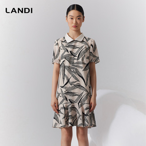 LANDI蓝地娃娃领复古印花短袖宽松H型连衣裙女拼接下摆夏新品